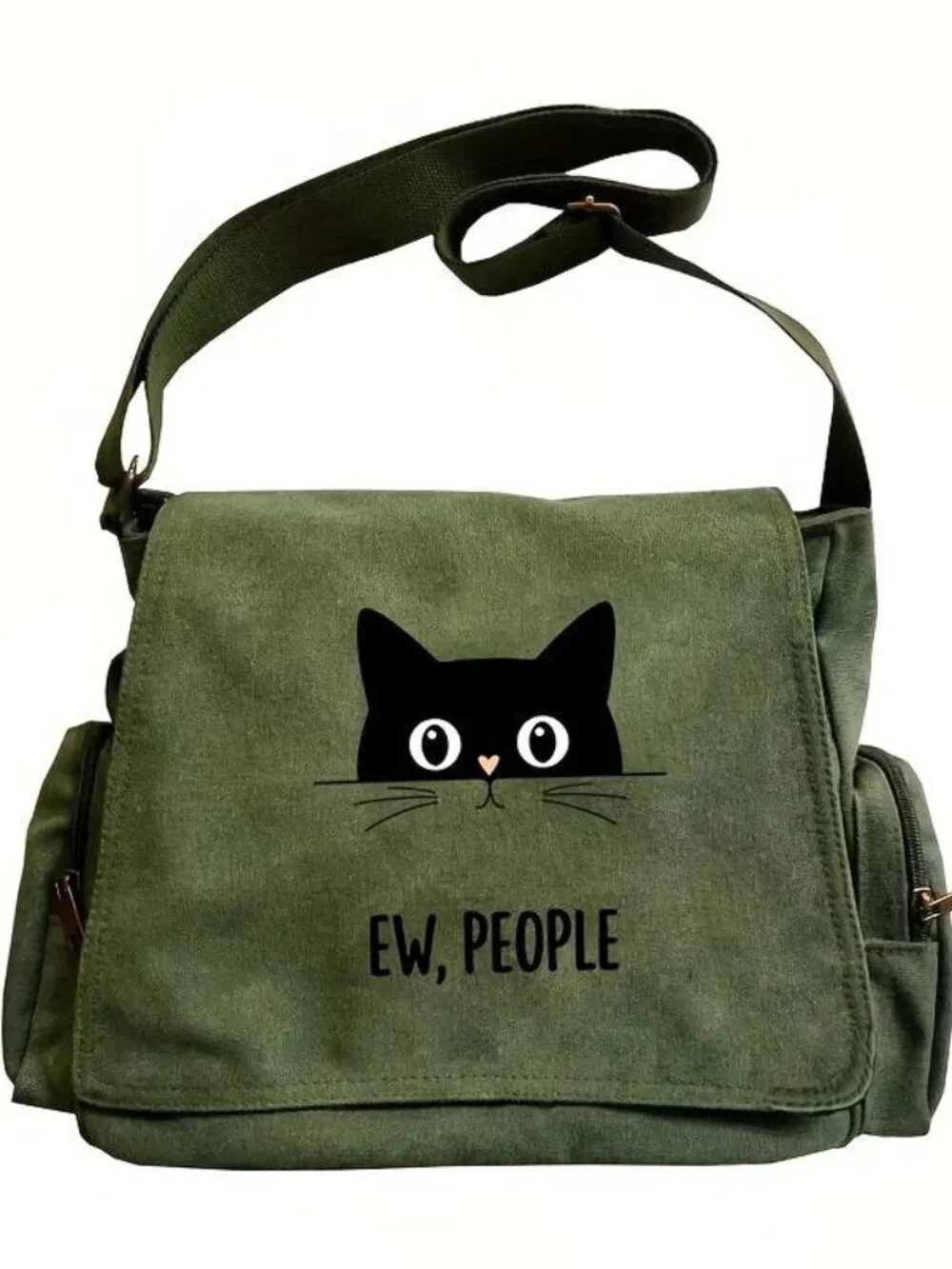 Green Black Cat Messenger Bag Crossbody Shoulder Bag Multi Pocket